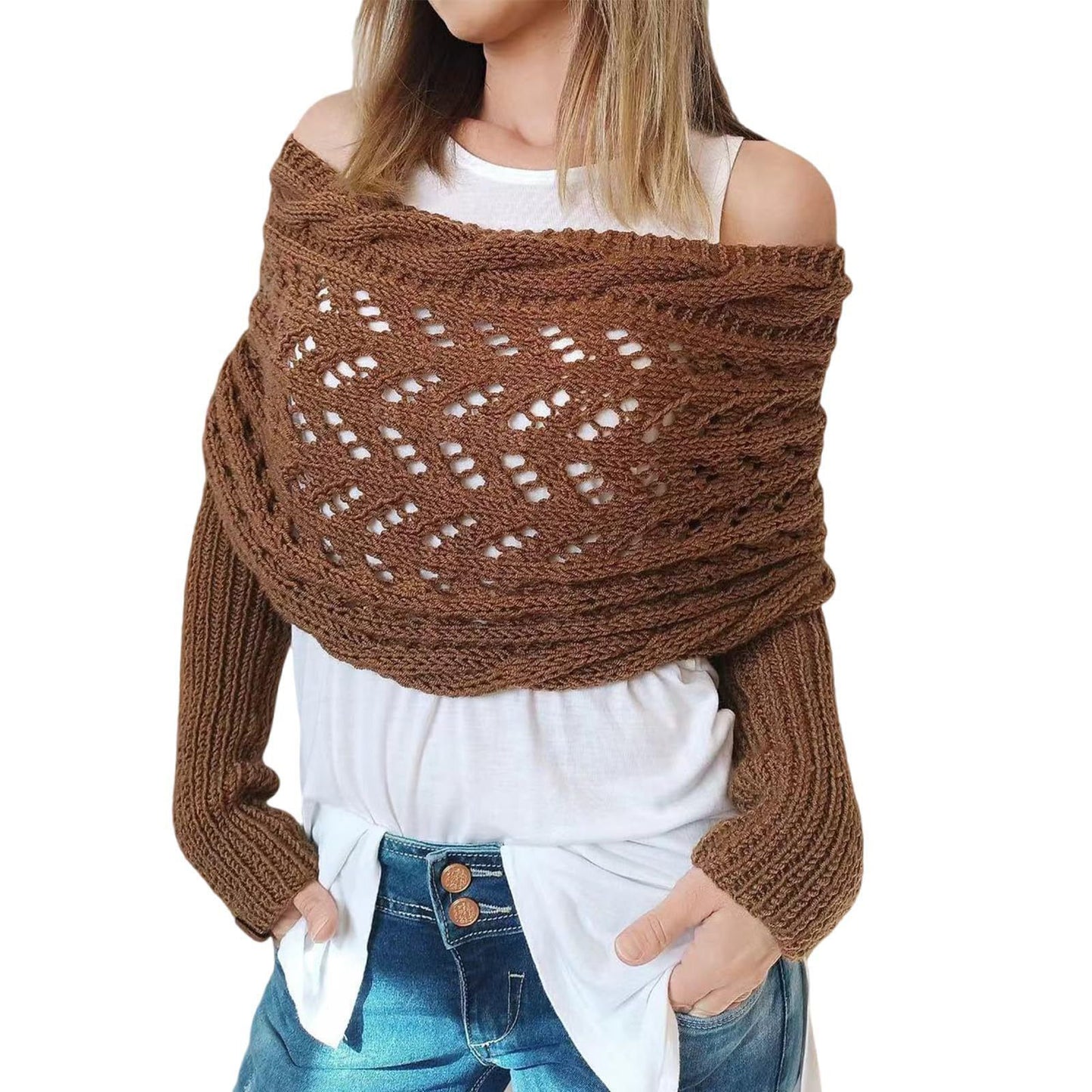 Long autumn and winter shawls, knitted scarves, and hollowed-out extended double-sleeved shawls for outerwear