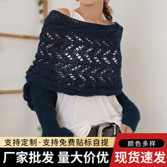 Long autumn and winter shawls, knitted scarves, and hollowed-out extended double-sleeved shawls for outerwear